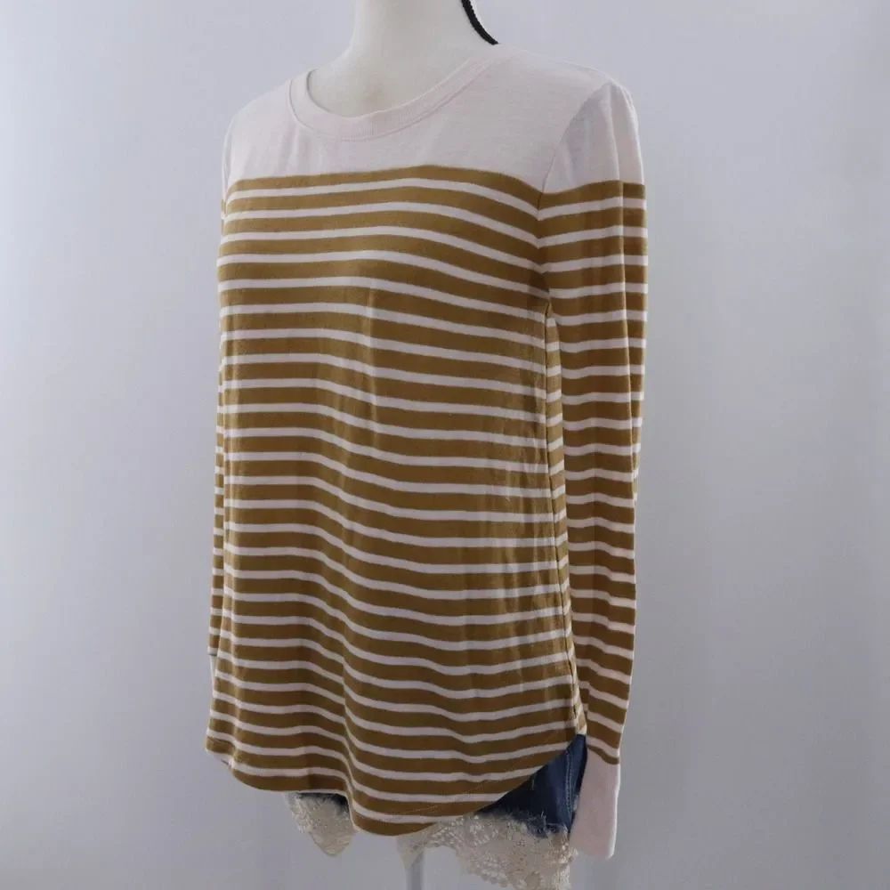 LOFT‎ Striped Long Sleeve Top Women's Size S Cream Gold Cotton Blend Casual